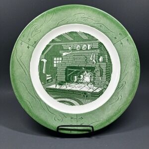 Royal Dinner Plate Colonial Homestead 10 inch Green Vintage Fireplace Scene